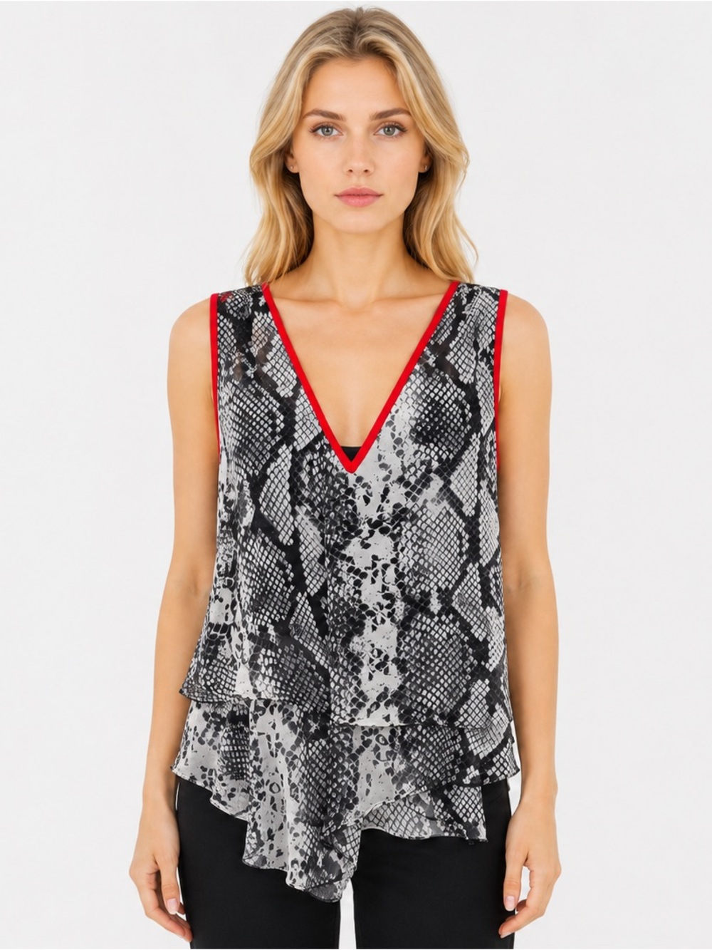 CACHE Snakeskin Print Deep V-Neck Sleeveless Sheer Blouse Red Trim Size Large